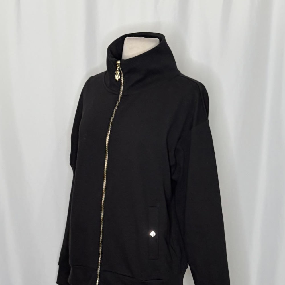 TOMMY BAHAMA Black Ribbed Knit Full Zip Jacket Gold Pineapple Hardware Medium - Picture 6 of 12